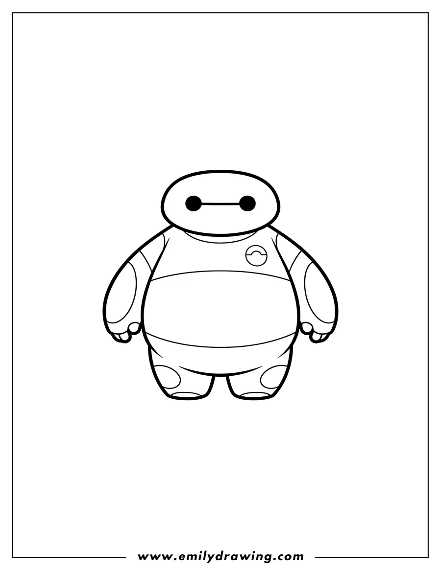 Doodle style coloring picture of chibi Baymax standing, simple outline for coloring