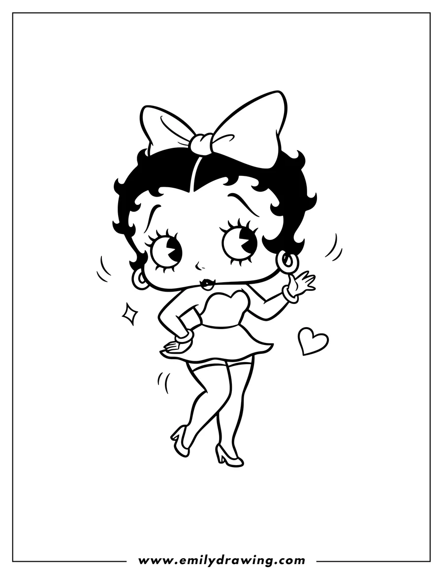 Full page coloring image of chibi Betty Boop posing playfully for preschoolers
