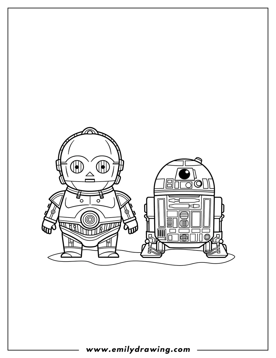 Doodle style coloring picture of chibi C3Po and R2 D2 standing next to each other for preschoolers