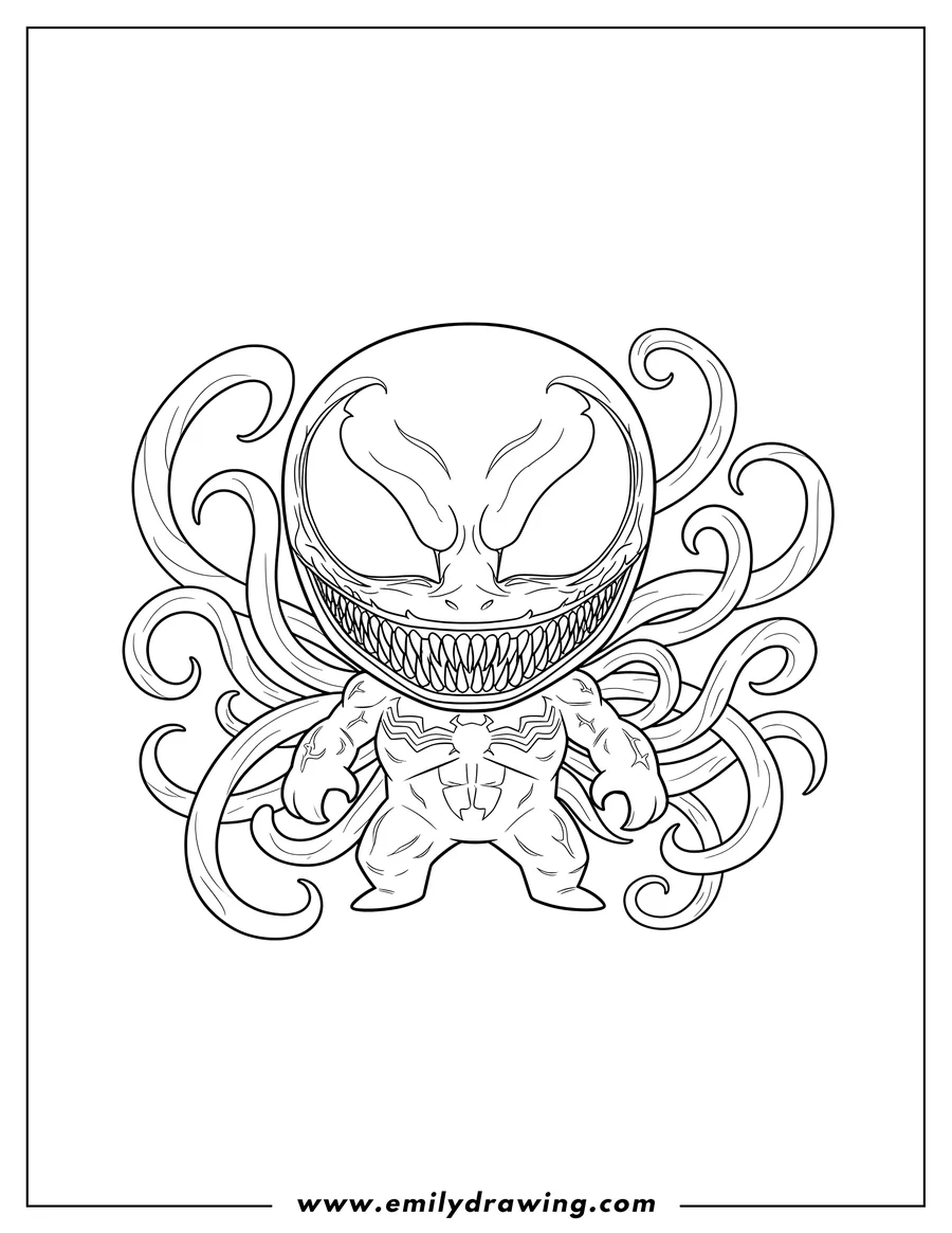 Outline drawing of chibi Carnage with tendrils and a wide, toothy grin