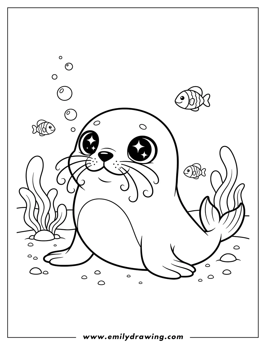 Coloring page for kids: chibi Cartoon Seal Underwater, sitting with cute sparkly eyes and whiskers