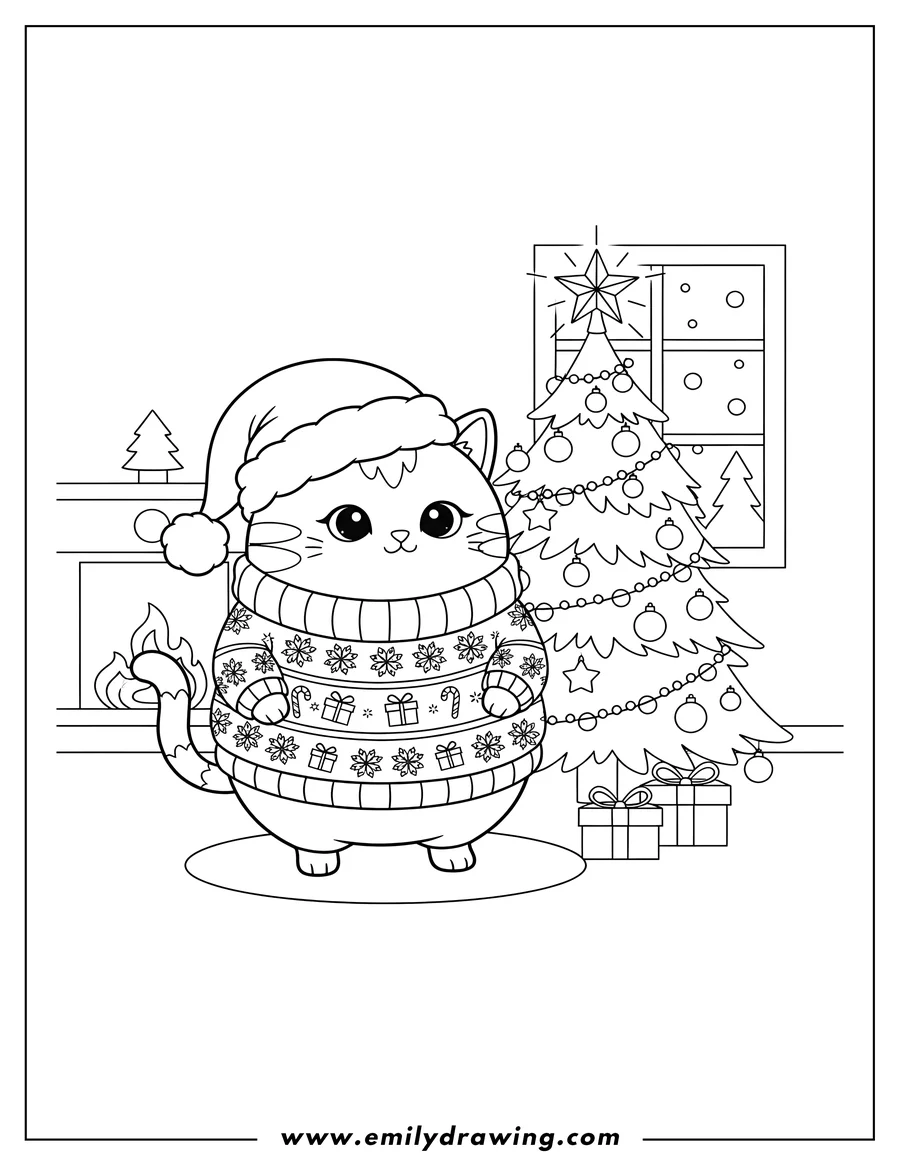 Printable coloring page of chibi Christmas Cat wearing a Santa hat and festive sweater, standing next to a decorated Christmas tree with a star and baubles, for preschoolers