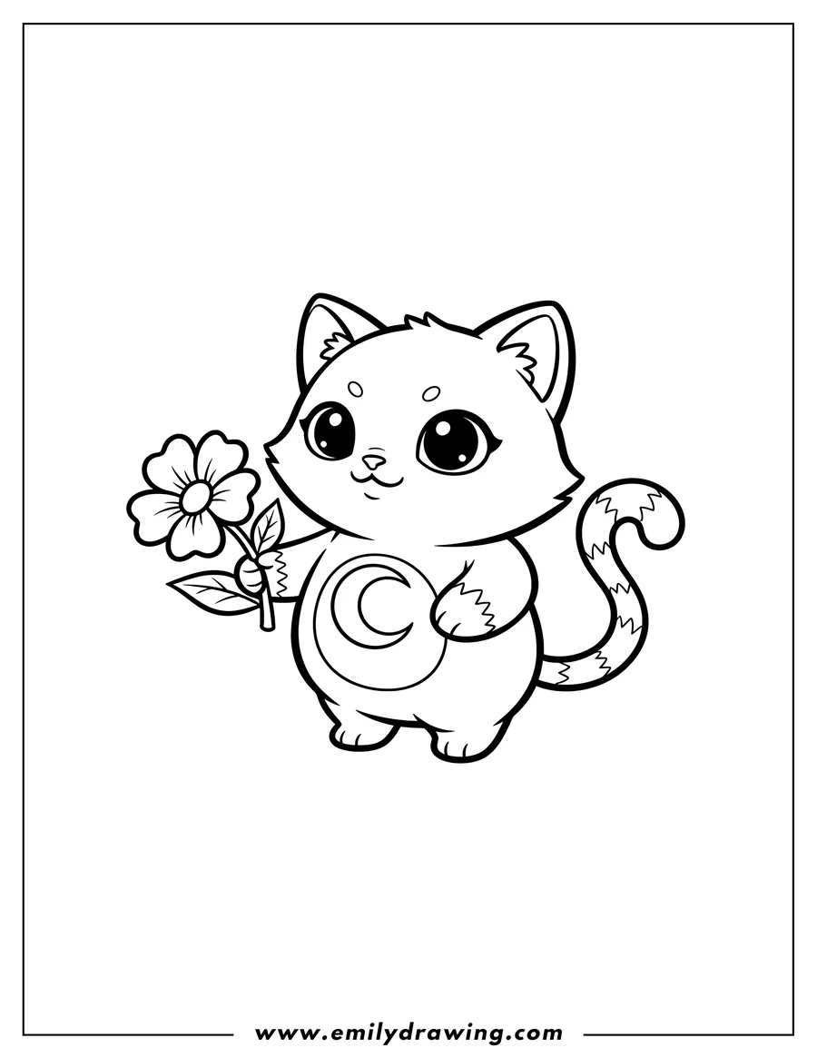 Coloring sheet featuring chibi Catnap with a crescent moon symbol on its chest and S-shaped paws, holding a flower