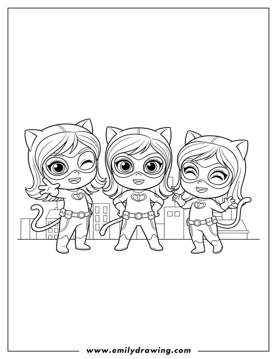 Outline drawing of cute Chibi Catwoman Preschoolers, smiling and posing with a tail