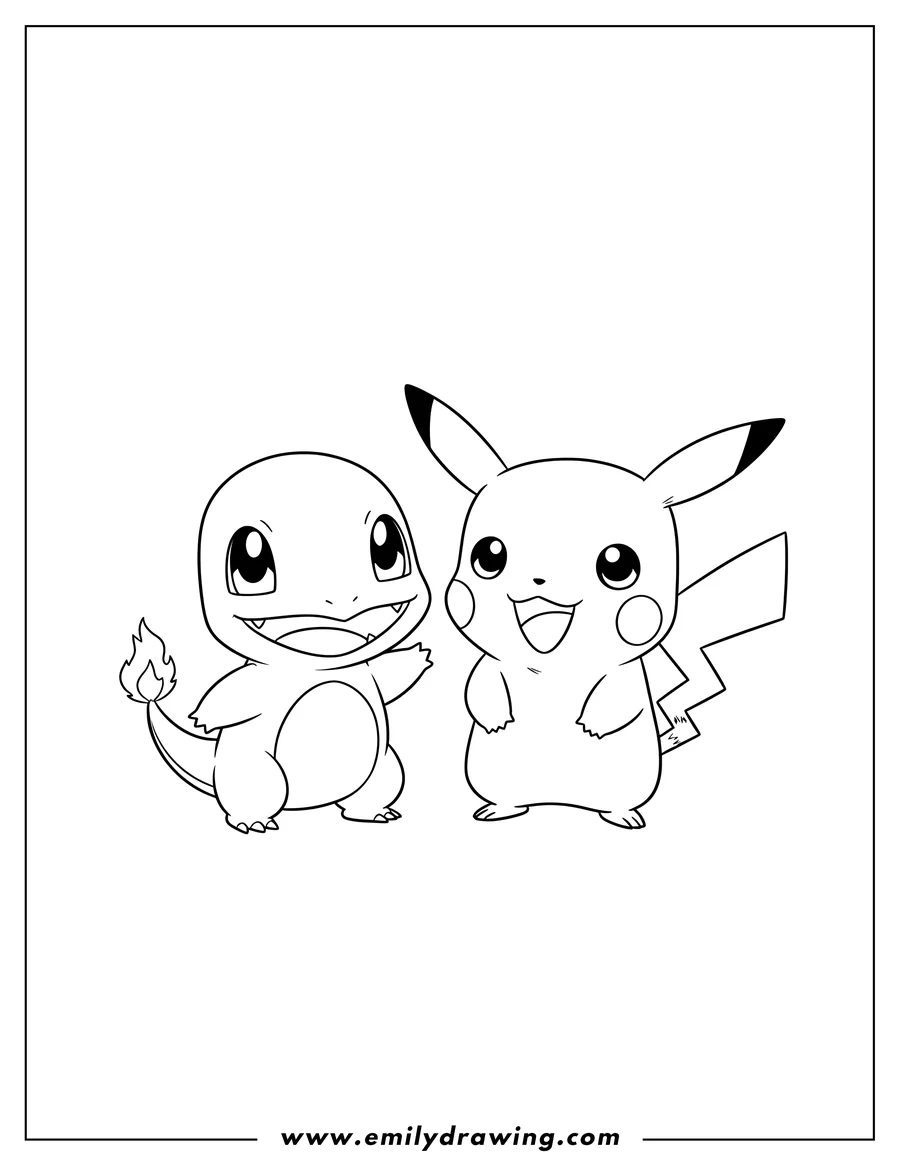 Black and white line art of chibi Charmander and Pikachu standing together, smiling