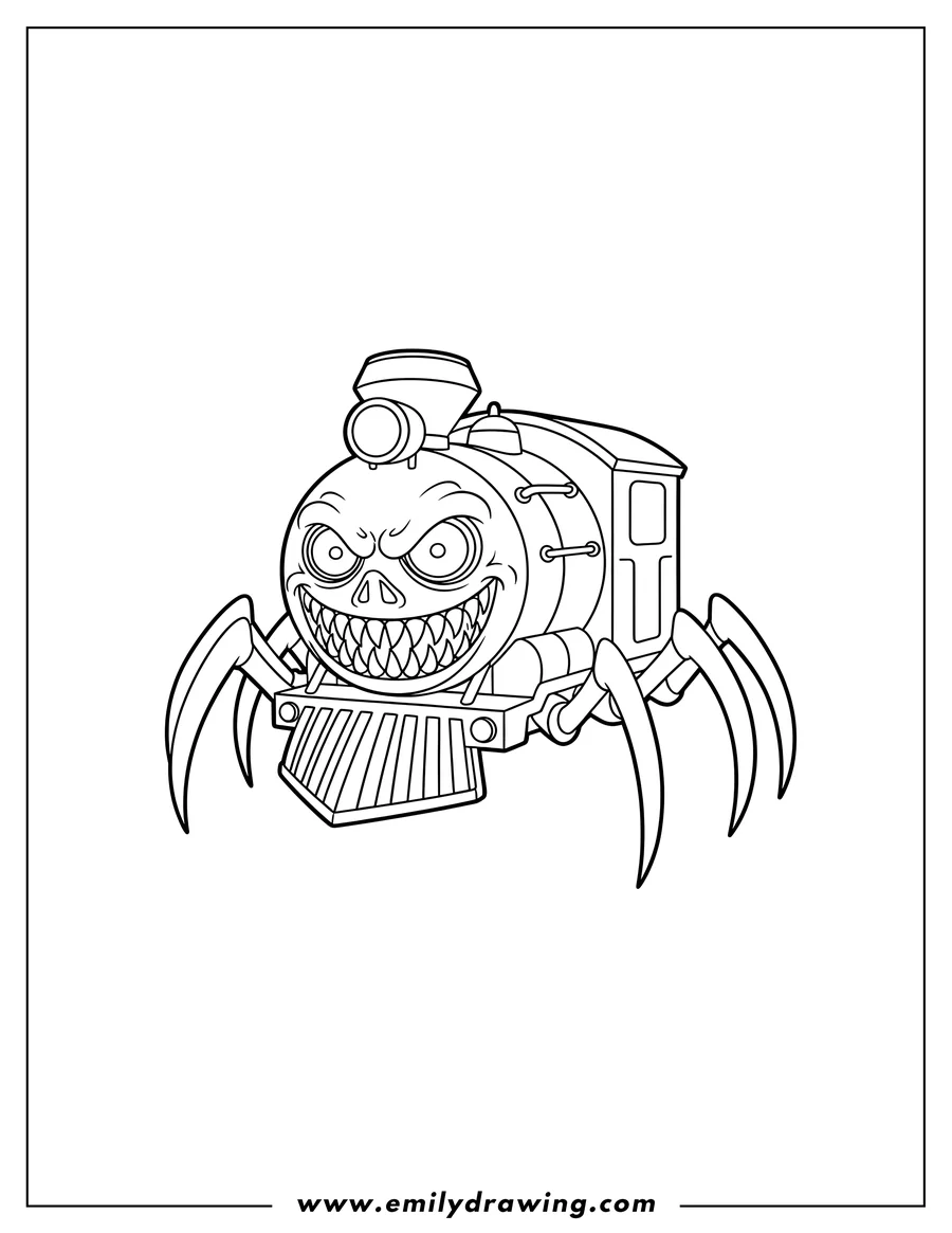 Coloring sheet featuring chibi Choo Choo Charles Outline with spider legs and a scary, toothed face