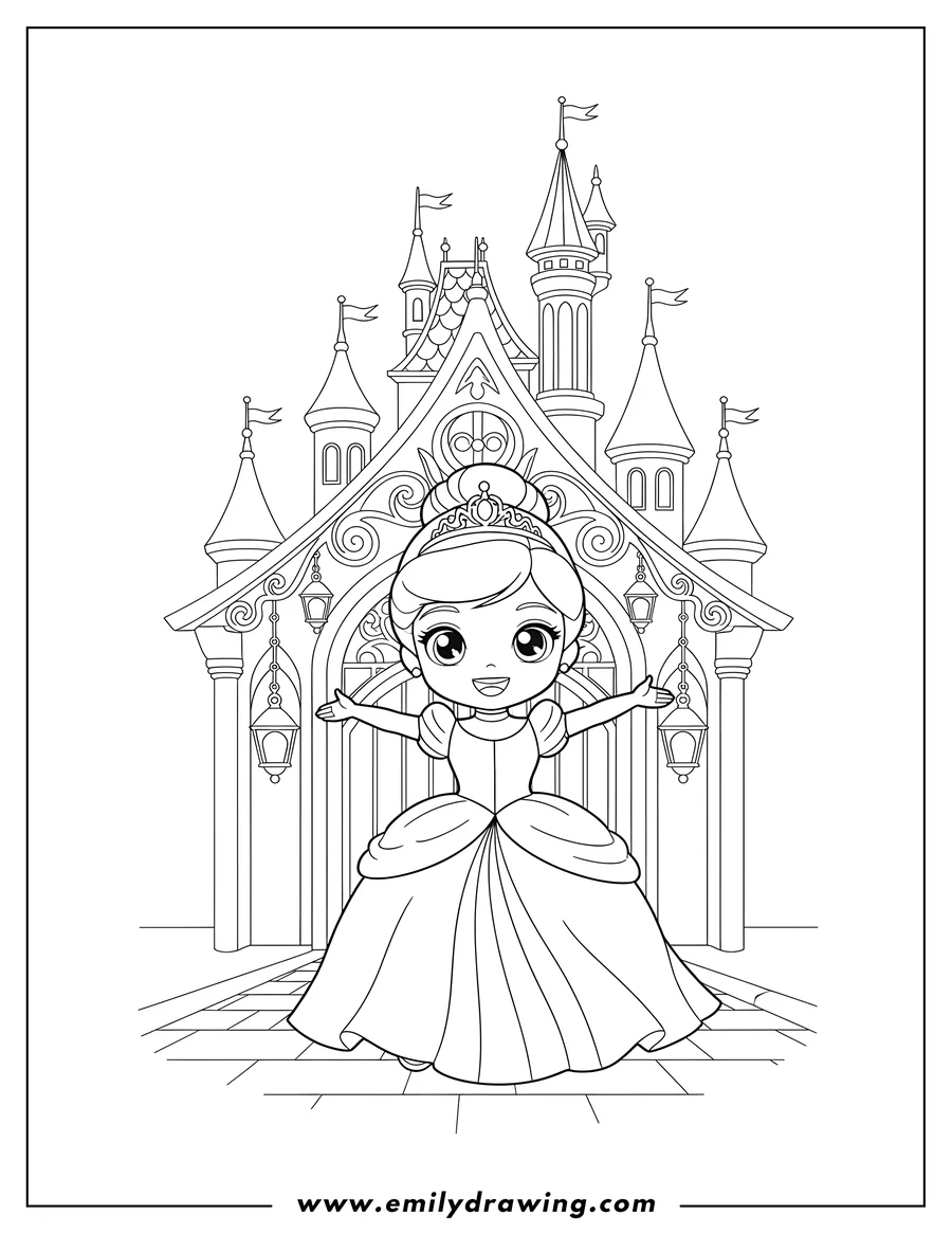 Linear illustration of chibi Cinderella smiling with outstretched arms outside an ornate castle with hanging lamps