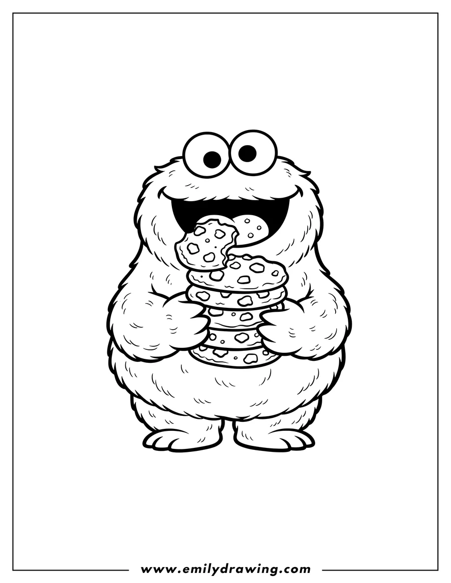 Printable line art of chibi Cookie Monster holding cookies and smiling
