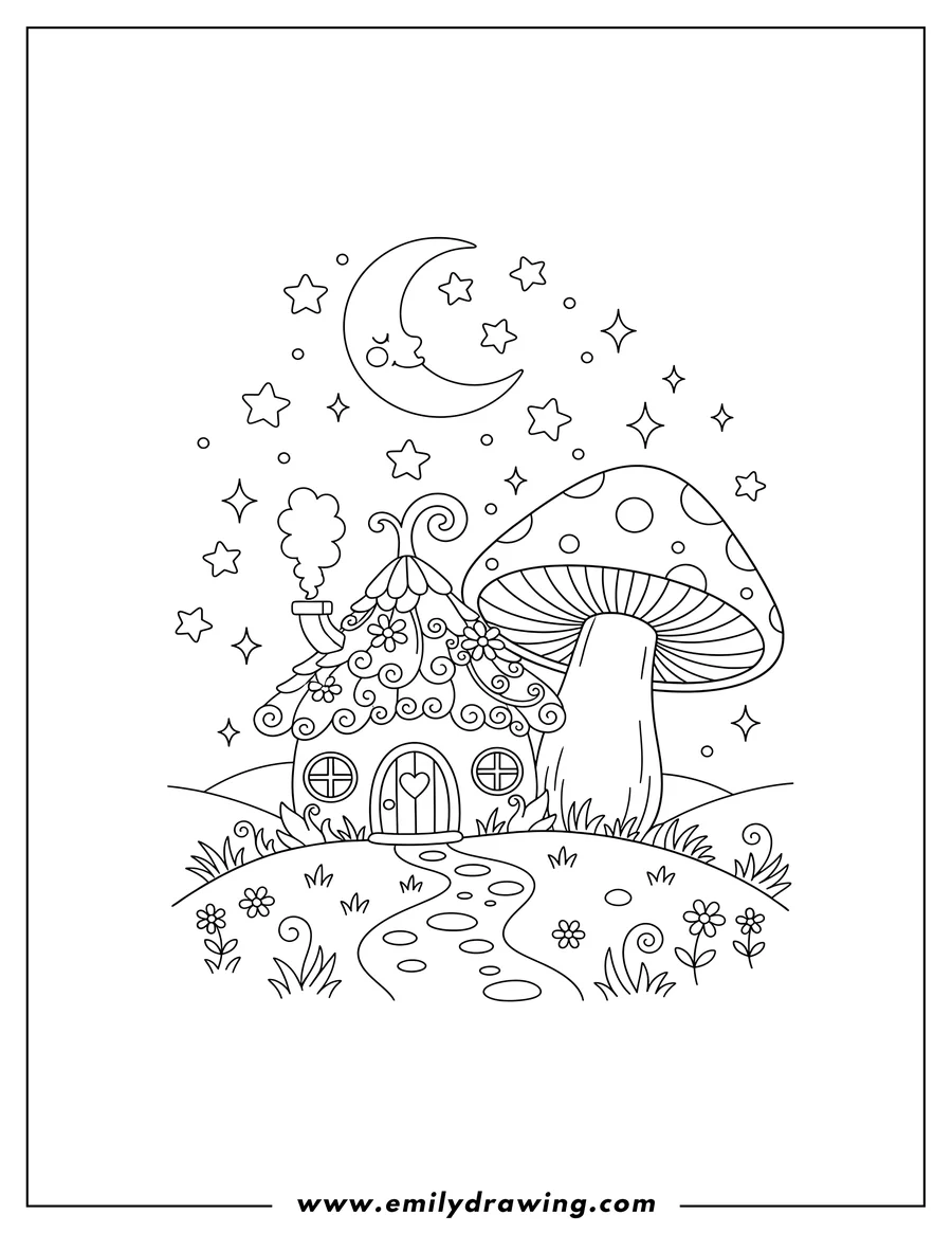 Vector style outline of chibi Cottagecore Landscape Night with a fairy house, mushroom, moon, and stars