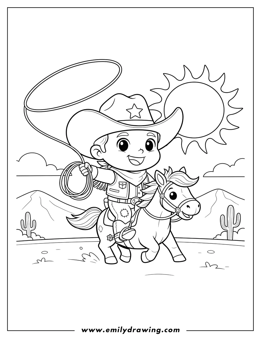 Coloring sheet featuring chibi Cowboy On Horseback, smiling