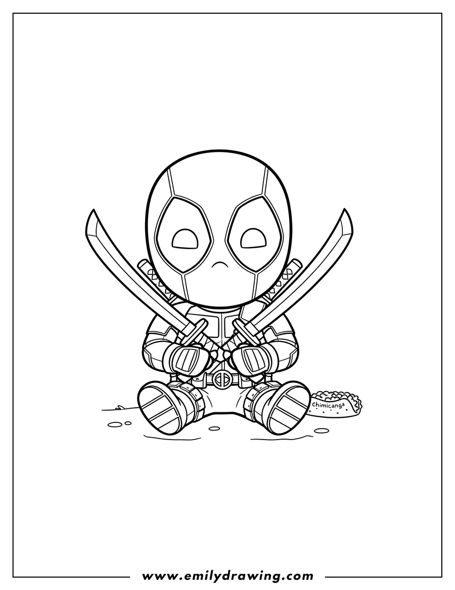 Coloring sheet featuring chibi Deadpool sitting and holding two katanas