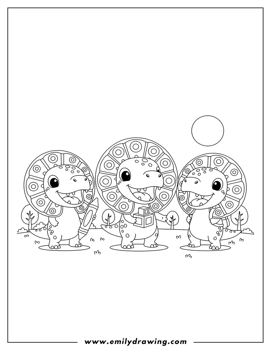 Vector style outline of chibi Dilophosaurus Preschoolers, standing with expanded frill and open mouth