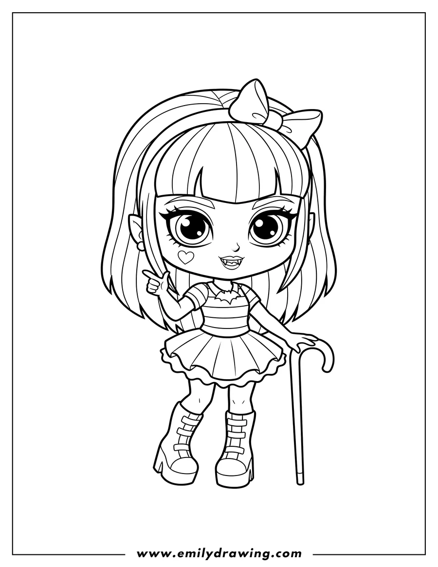 Printable coloring page of chibi Draculaura with fangs, heart under eye, and pointing finger, holding a cane