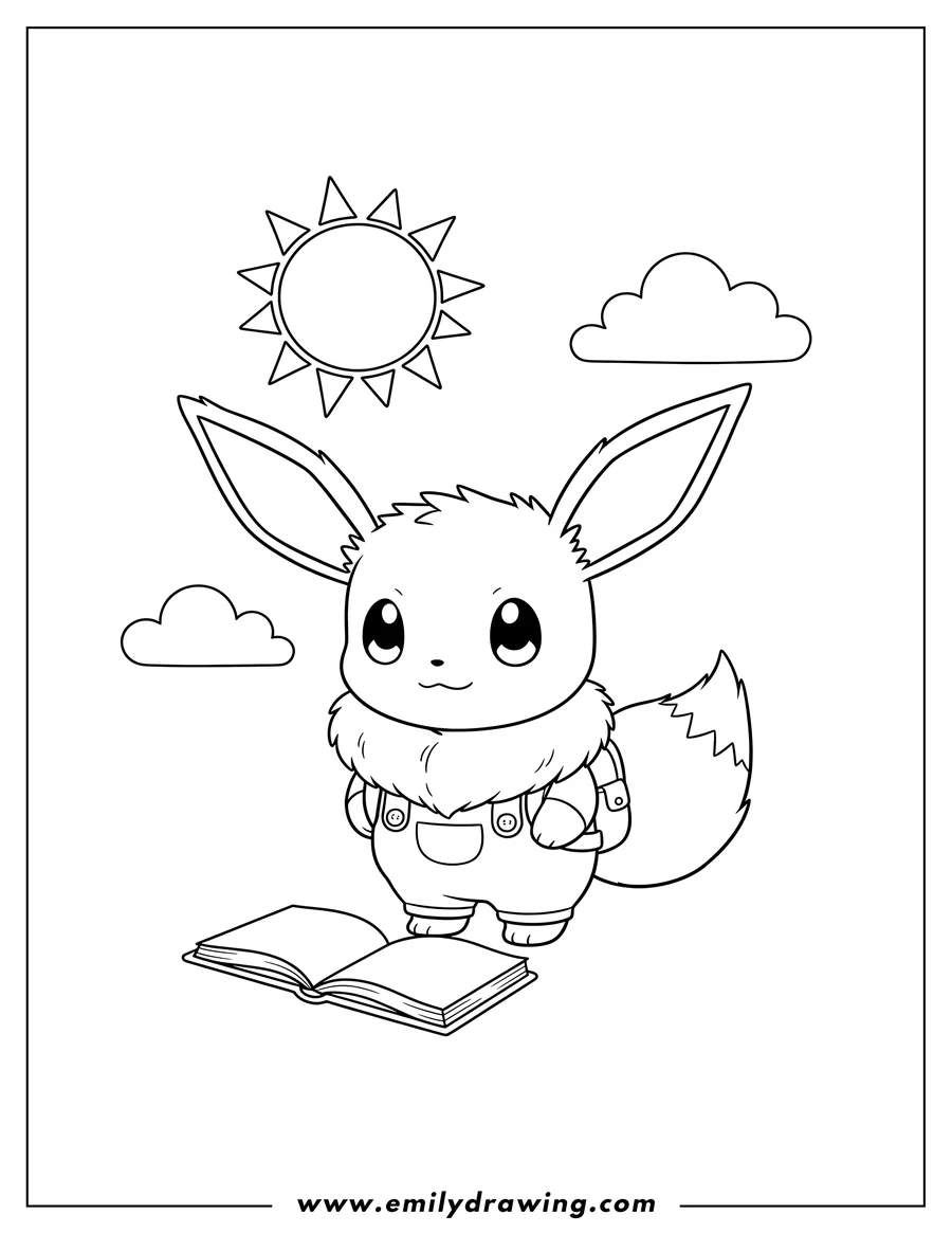 Simple sketch of chibi Eevee Preschoolers, a single Eevee standing and smiling to color