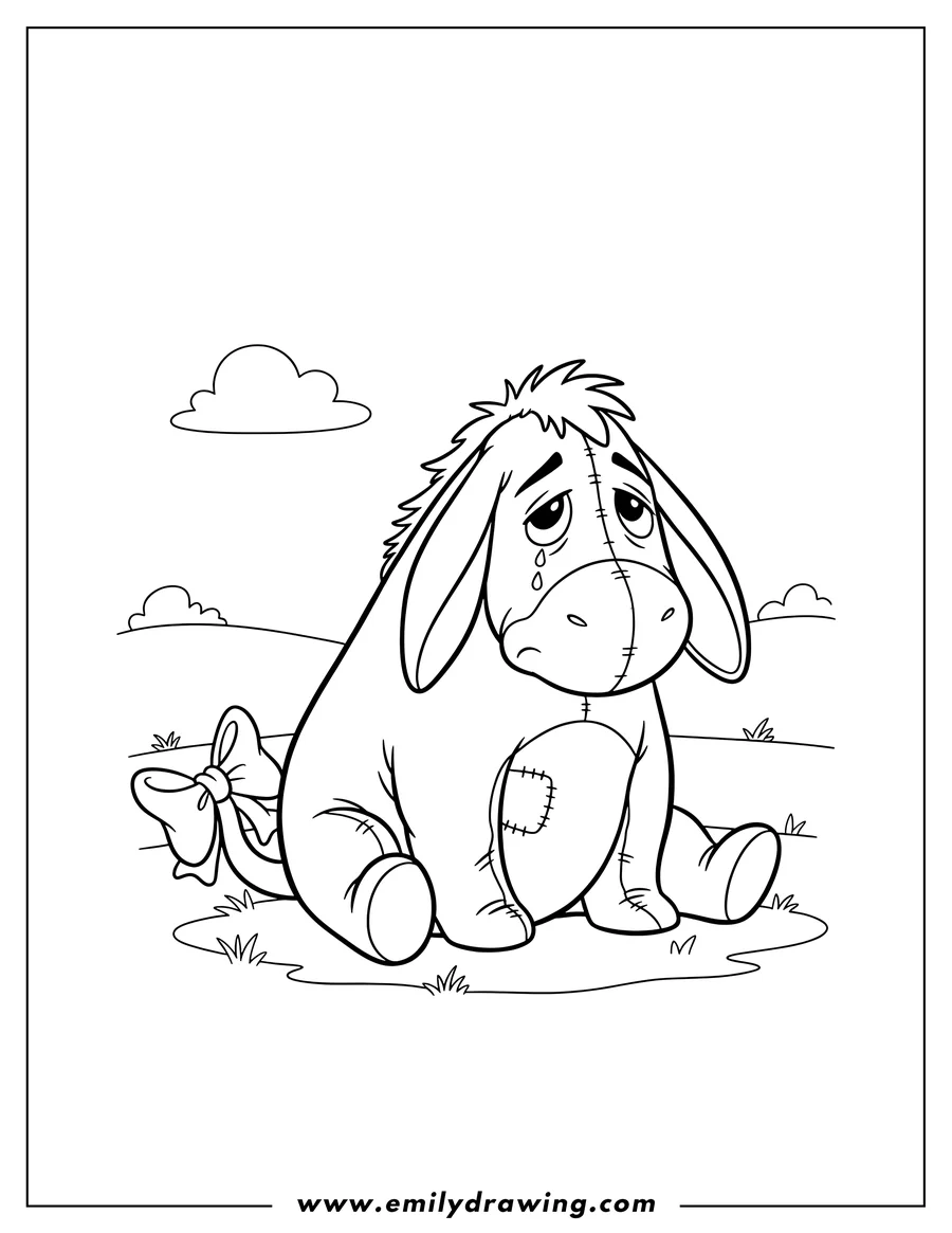 Coloring page for kids: chibi Eeyore Outline Preschoolers, sitting sadly with a bow on his tail