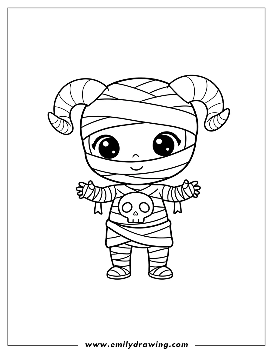 Free to print drawing of chibi Egyptian Mummy Preschooler with horns and a skull on its chest