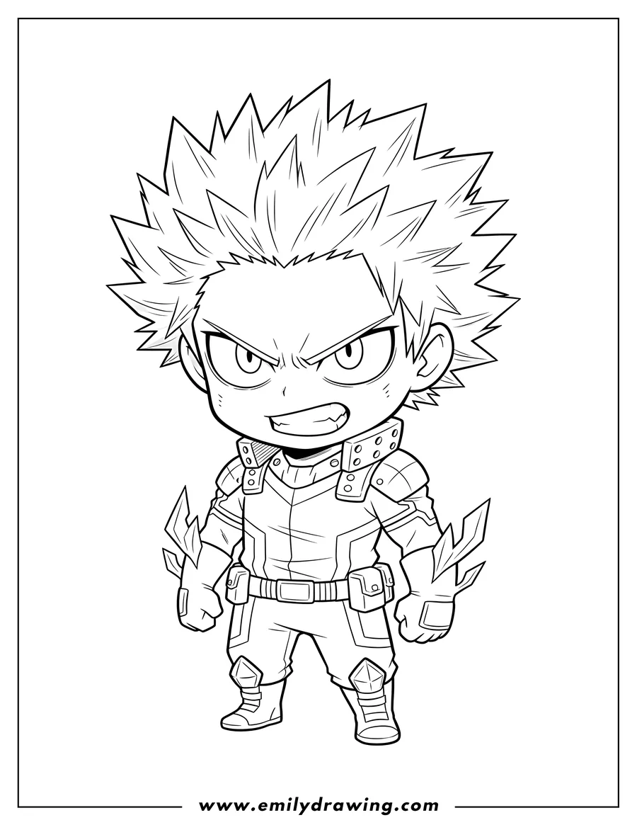 Coloring page of chibi Eijiro Kirishima with spiky hair and a fierce expression