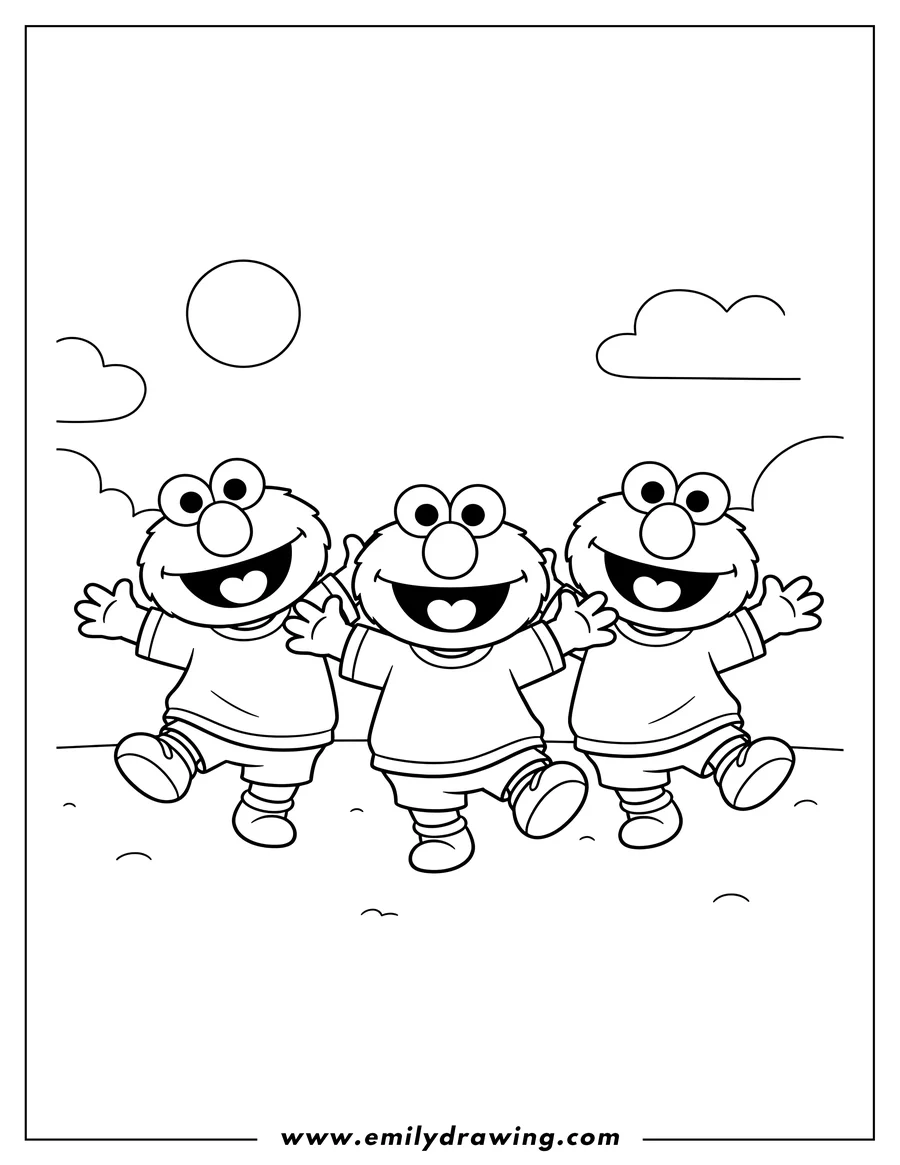 Coloring page for kids: chibi Elmo Preschoolers smiling, with open arms and one leg lifted