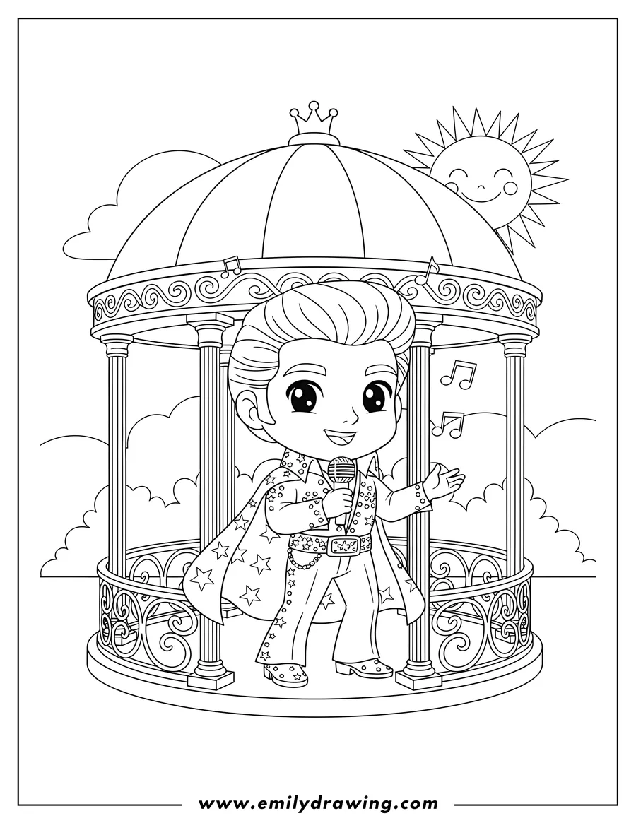PDF style coloring page: chibi Elvis Presley wearing a cape and holding a microphone, singing in a gazebo