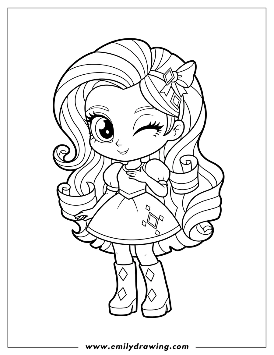 Printable coloring page of chibi Equestria Girls Rarity winking with her hand on her chest, for preschoolers