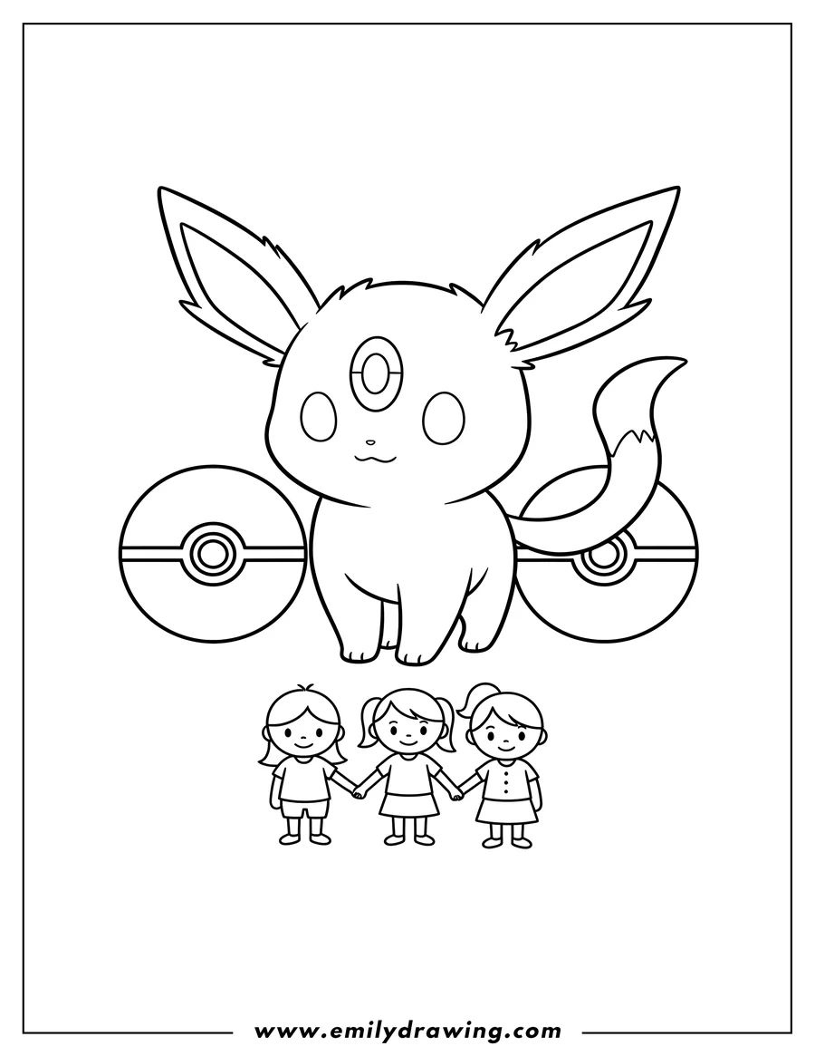 Printable coloring page of chibi Espeon Outline Preschoolers standing with a forehead gem and Pokeballs