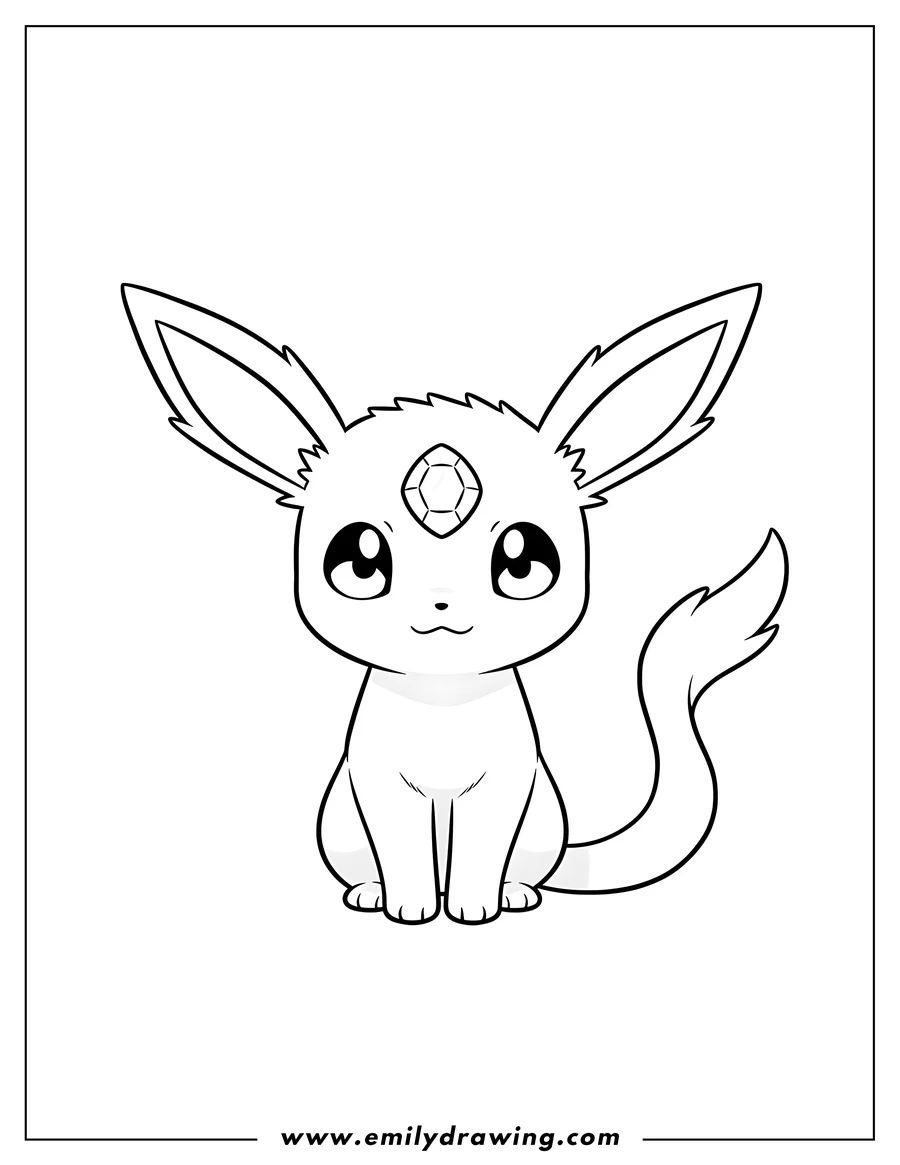 PDF style coloring page: chibi Espeon sitting, looking forward, with a gem on its forehead and a forked tail