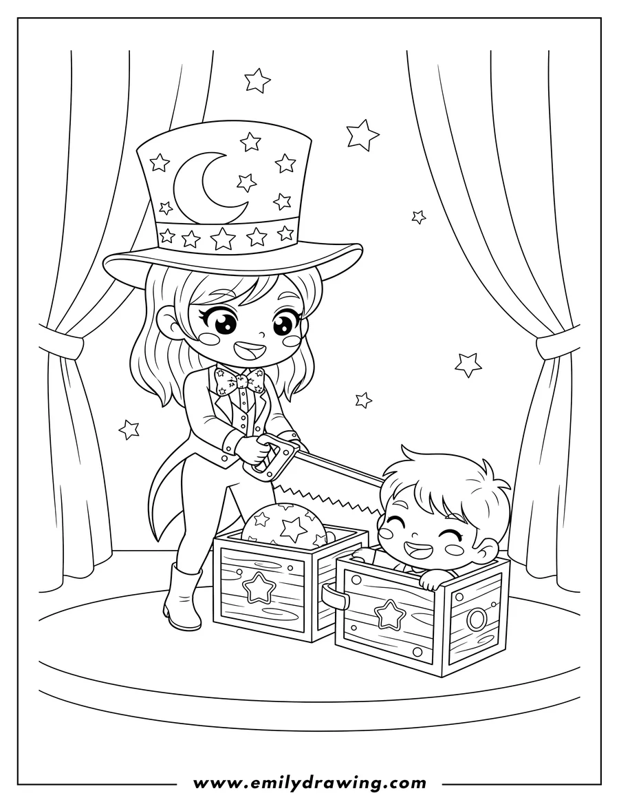 Linear illustration of chibi Female Magician in a top hat and bow tie sawing a happy boy in half inside star-decorated boxes on stage