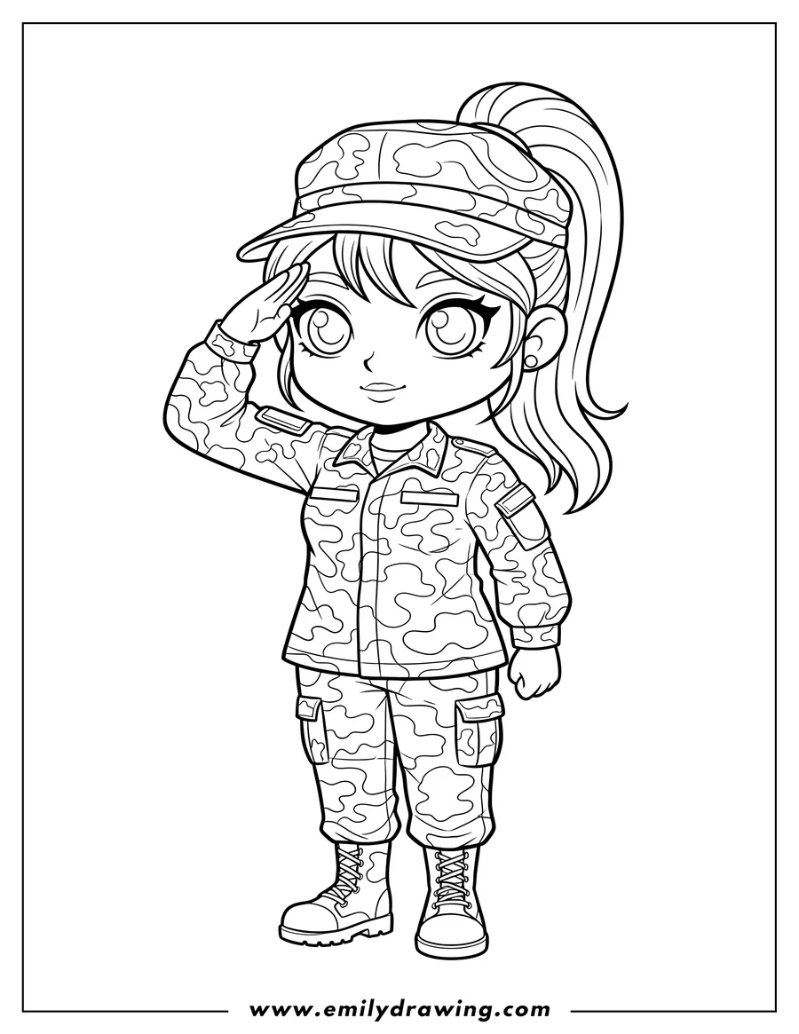 Outline drawing of chibi Female Soldier Saluting Camouflage Uniform with Ponytail and Boots