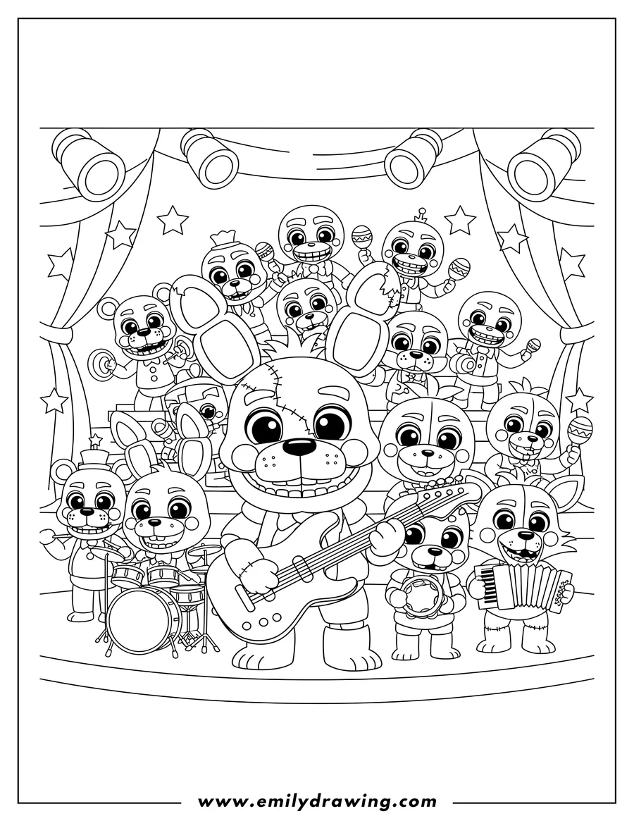 Black and white line art of chibi Five Night At Freddie S Animatronics, a large group of characters, including Springtrap, holding instruments
