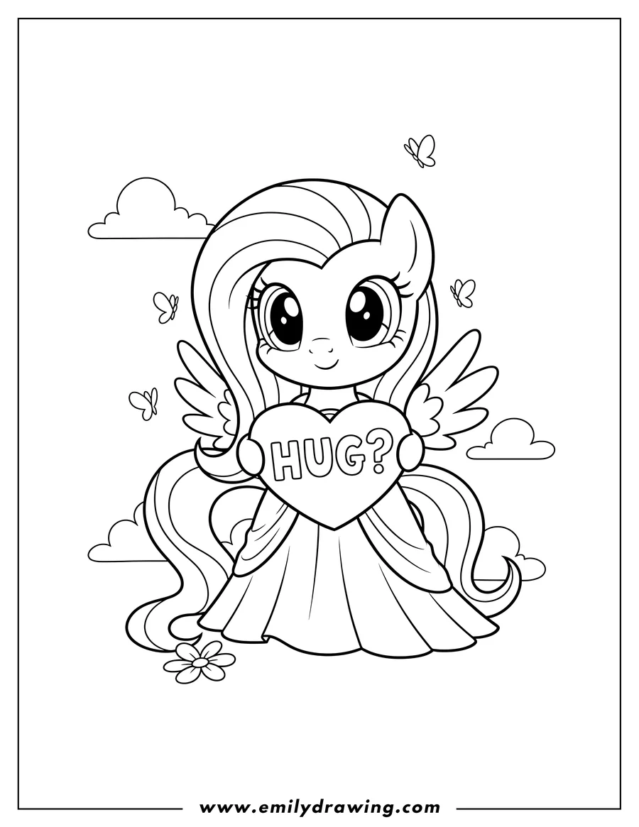 Coloring page of chibi Fluttershy holding a 'Hug?' sign