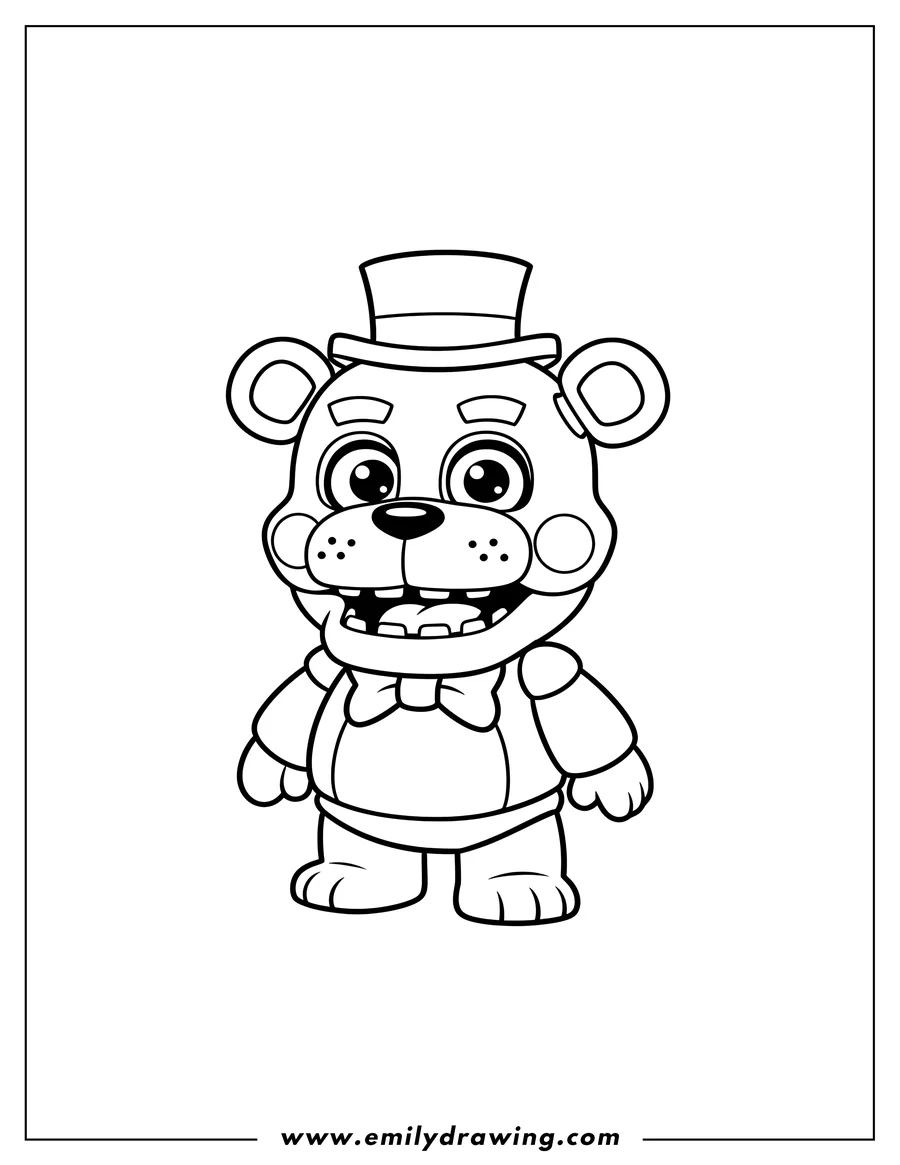 Black and white line art of chibi Freddy Fazbear outline with top hat and bowtie