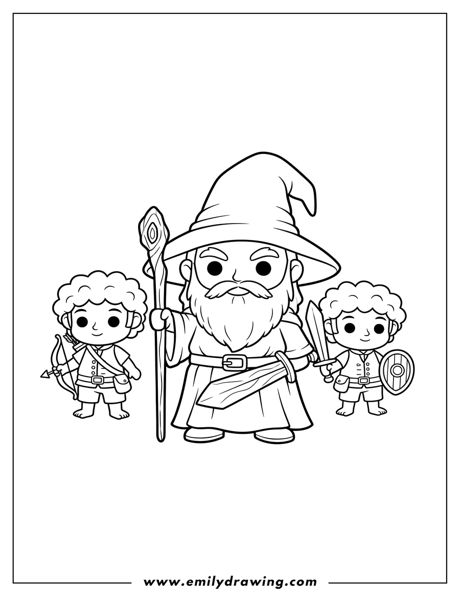 Outline drawing of chibi Gandalf with his staff and hobbit preschoolers holding bows and swords