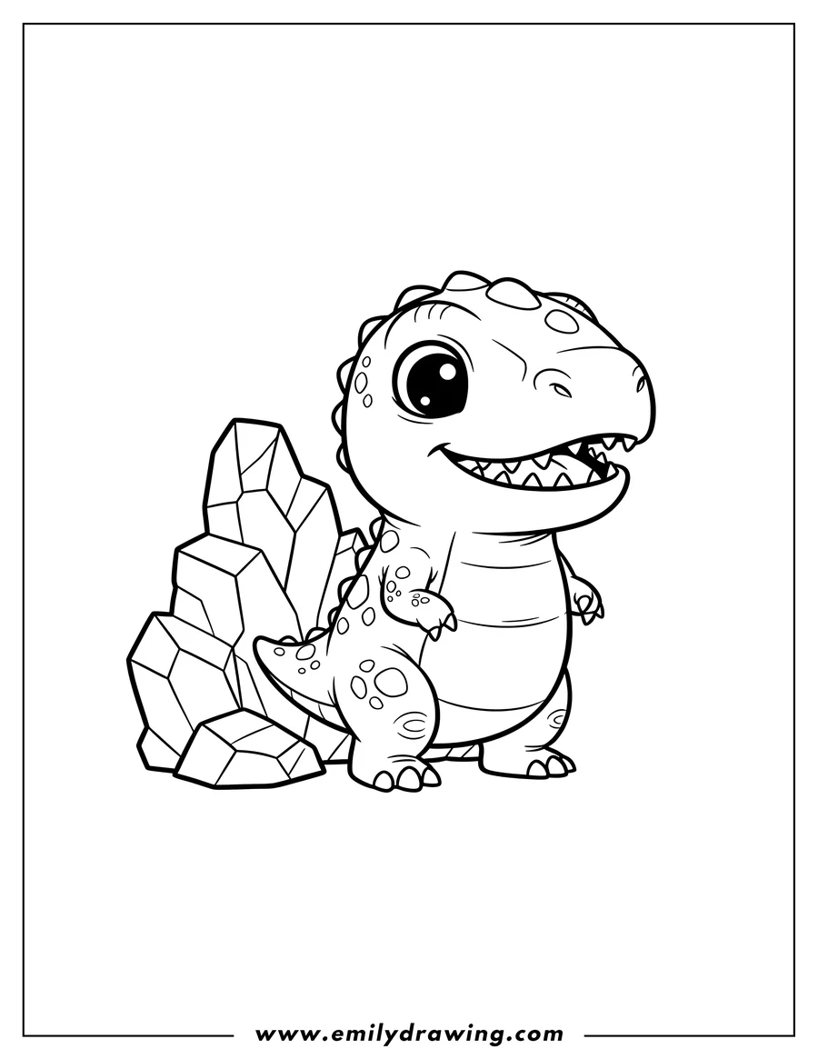 Vector style outline of chibi Gigantosaurus standing beside rocks, with a slightly open mouth revealing sharp teeth