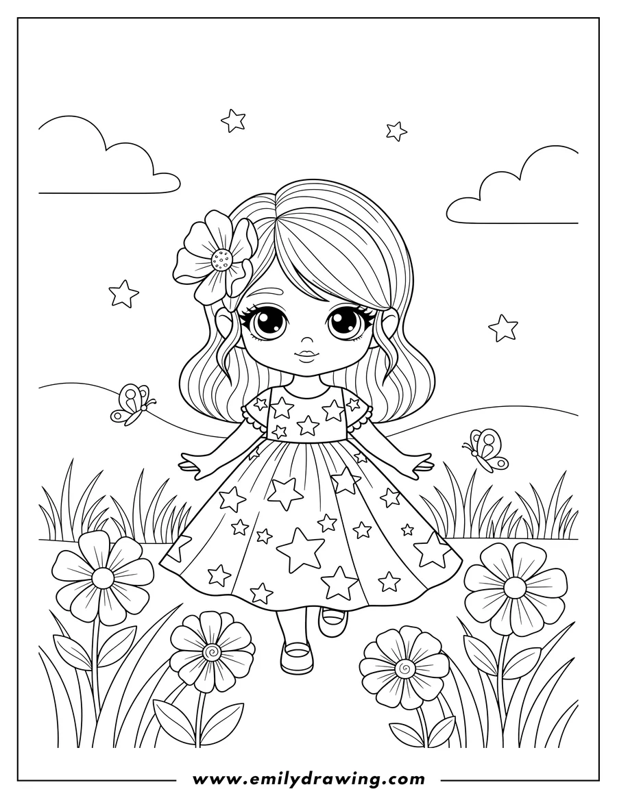 Free to print drawing of chibi Girl in a Pretty Star Dress with a Flower in her Hair, Stepping in Nature