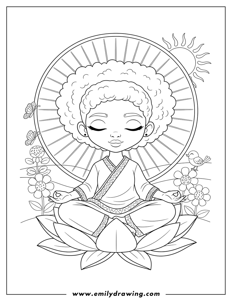Printable coloring page of chibi Black Girl Meditating Nature, sitting cross-legged with closed eyes and a radiating halo
