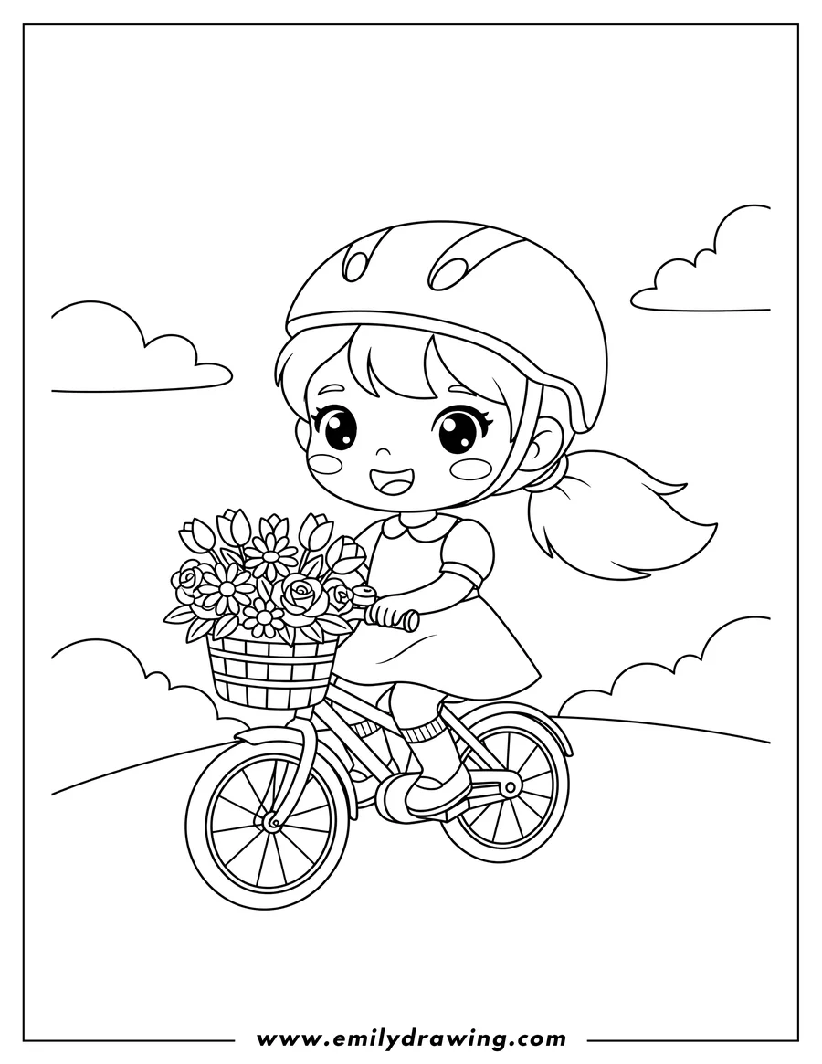 Outline drawing of chibi Girl On Bicycle Preschoolers, with a ponytail, smiling, and a flower basket on the handlebars