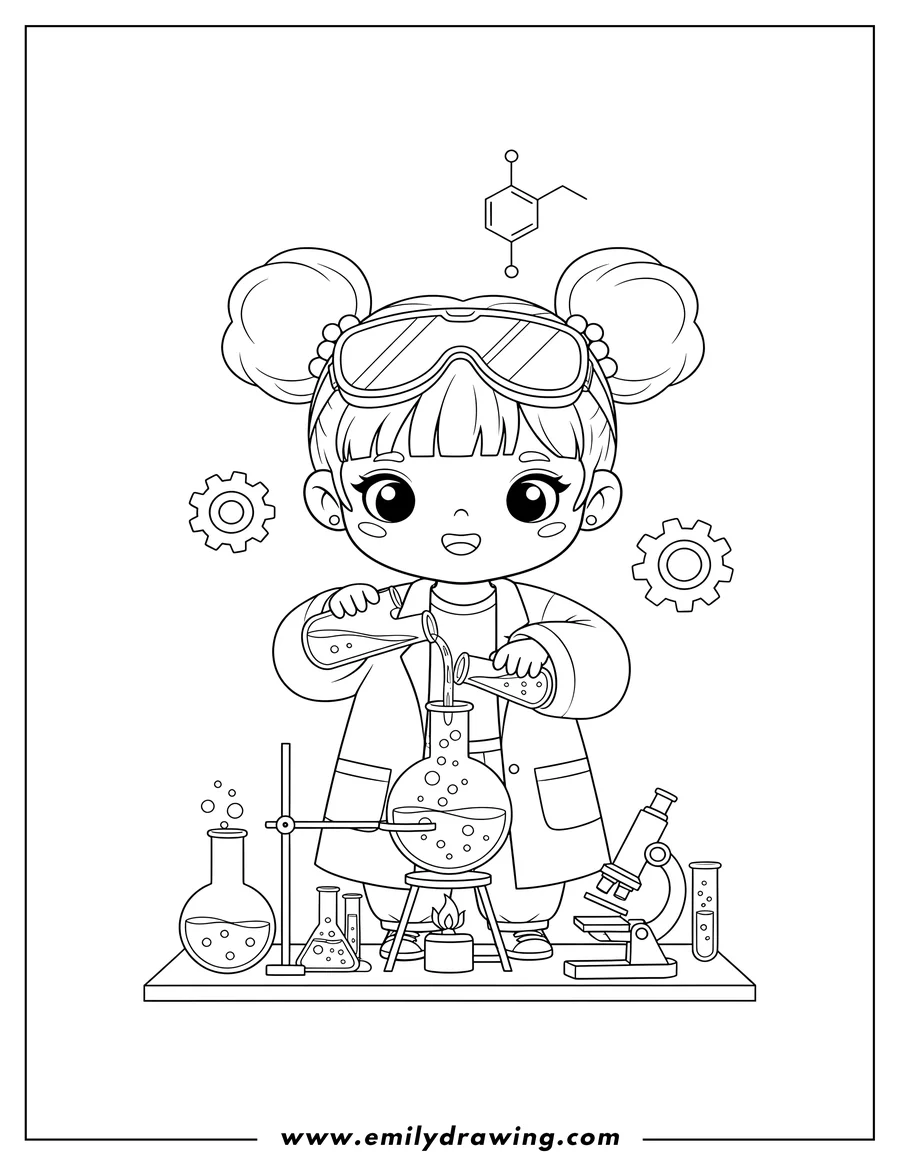 Vector style outline of chibi Girl in a lab coat with pigtails, performing science experiments, mixing chemicals