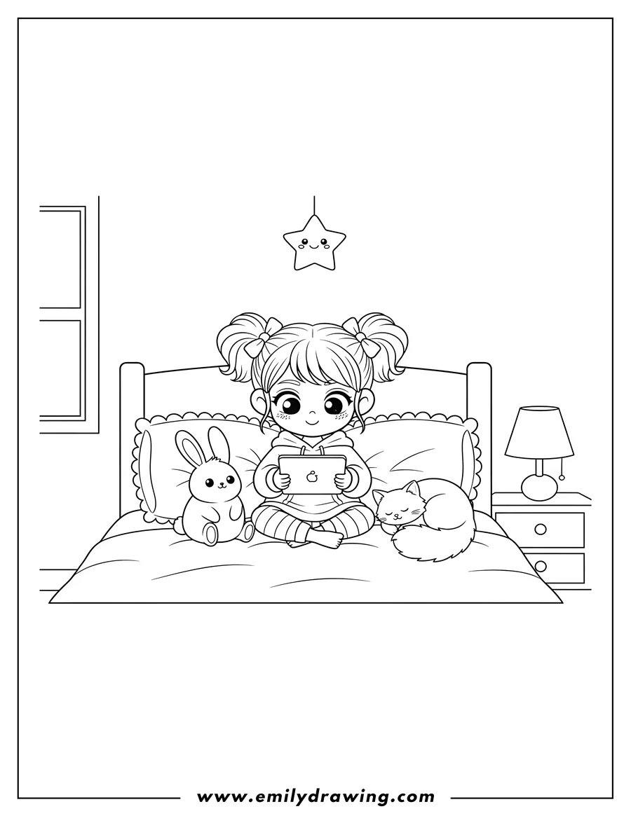 Coloring page of chibi Little Girl Playing With Her Tablet On Her Bed, with a bunny and a cat