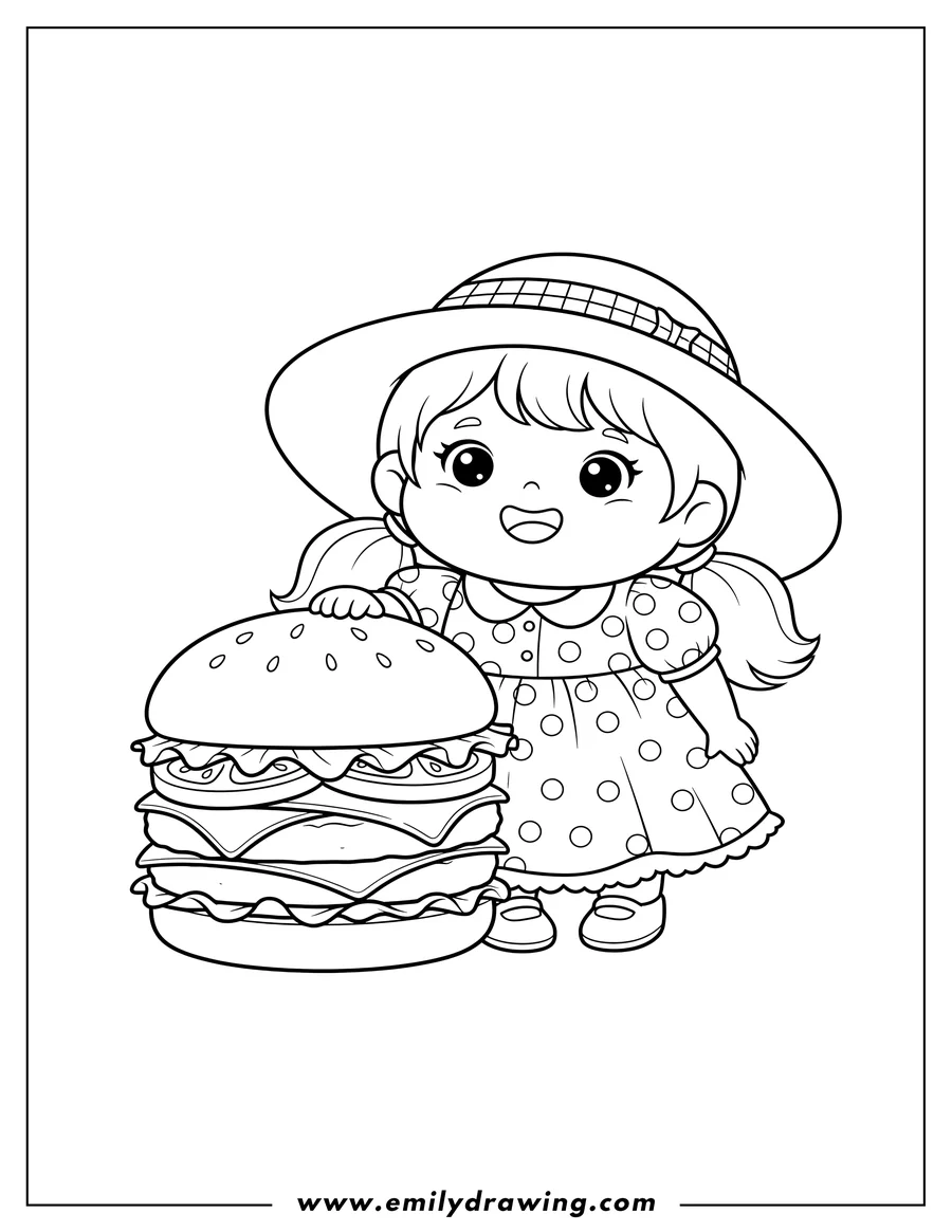 Coloring page for kids: chibi Girl wearing a hat, smiling, with her hand on a multi-layered burger