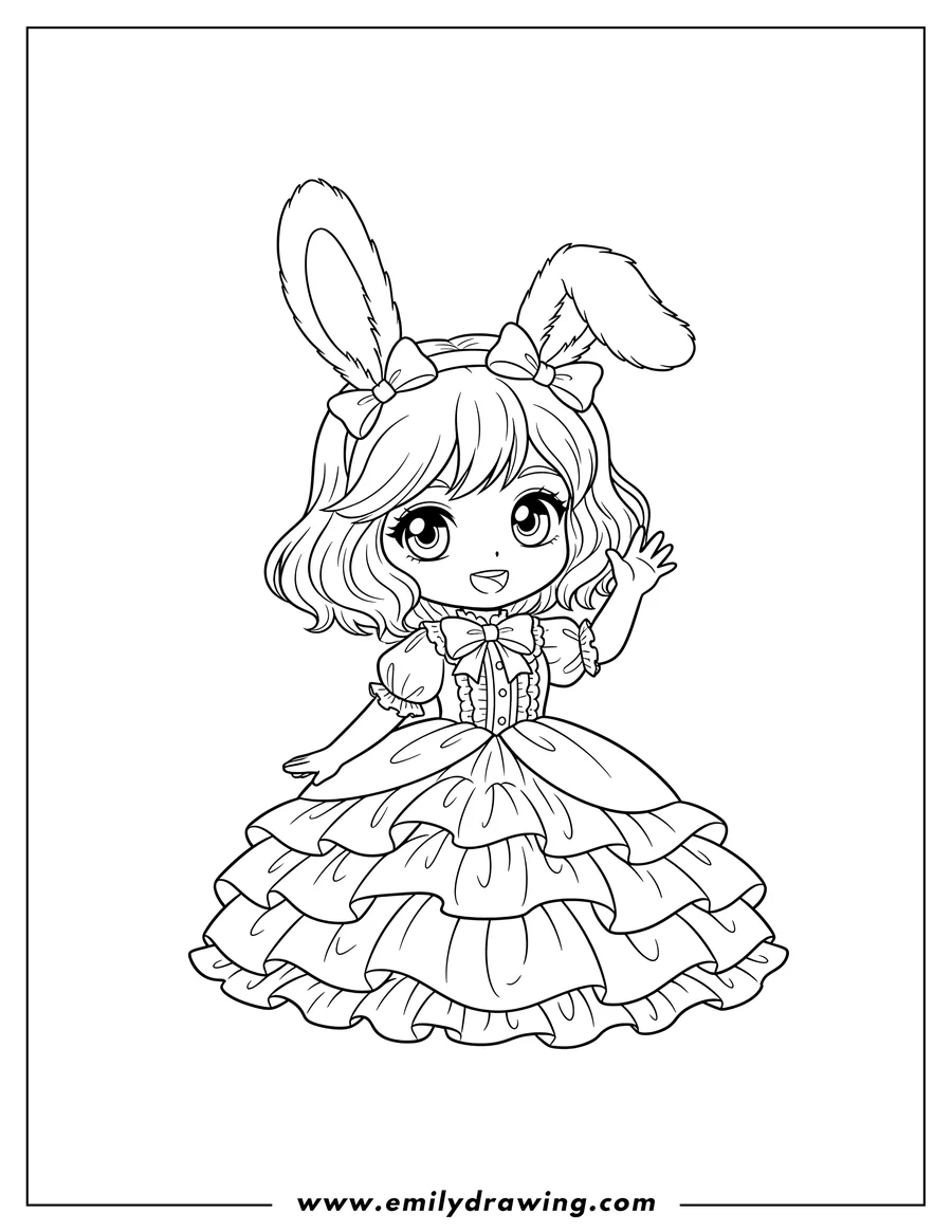 Full page coloring image of chibi Girl With Furry Rabbit Ears, wearing a bow and ruffled dress, waving