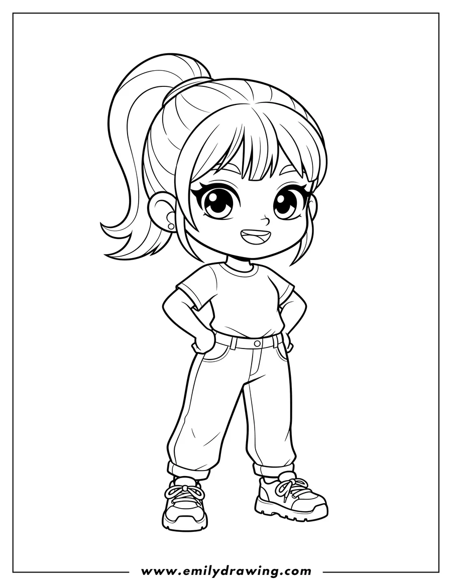 PDF style coloring page: chibi Girl With High Ponytail, standing with hands on hips, wearing a t-shirt, jeans, and sneakers