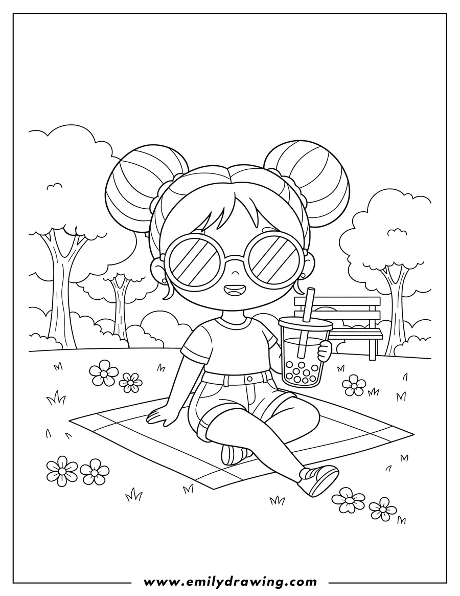 Free to print drawing of chibi Girl with two buns, wearing round sunglasses and shorts, drinking boba tea in a park