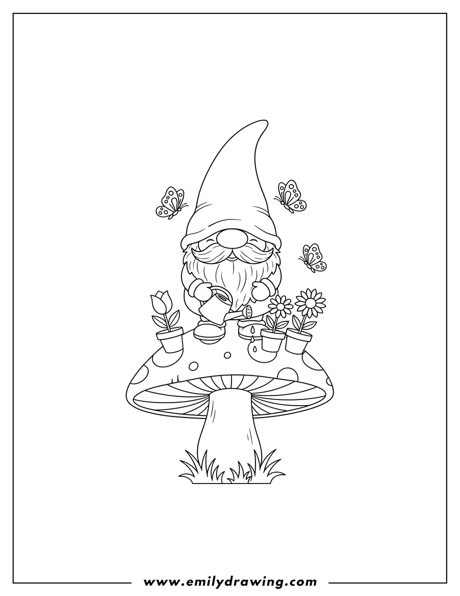 High quality printable chibi Gnome standing on a mushroom, watering potted flowers with butterflies for coloring