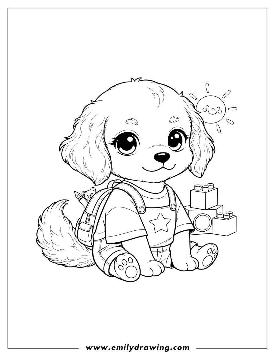 Doodle style coloring picture of chibi Golden Retriever Preschooler sitting with big eyes and fluffy fur