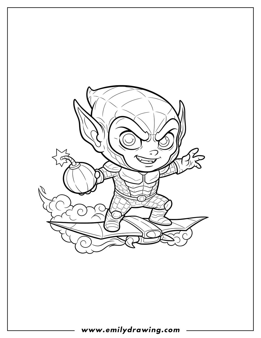 Free printable coloring sheet of chibi Green Goblin flying on a glider and throwing a pumpkin bomb