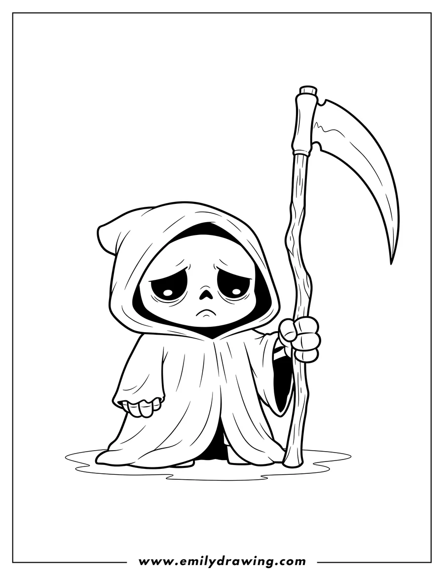 High quality printable chibi Grim Reaper looking sad and holding massive scythe upright for coloring