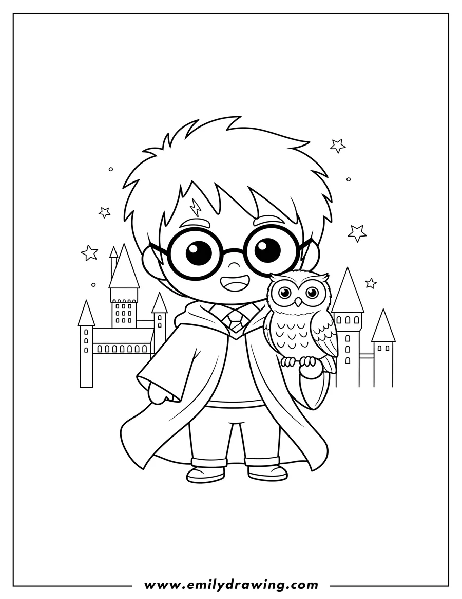 Downloadable coloring page of chibi Harry Potter in glasses and Hogwarts robe, holding Hedwig