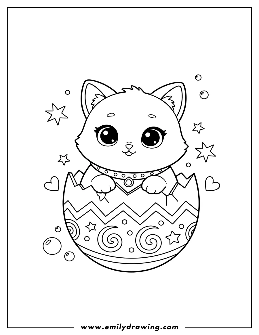Free printable coloring sheet of chibi Hatchimals Kitten hatching from a cracked egg