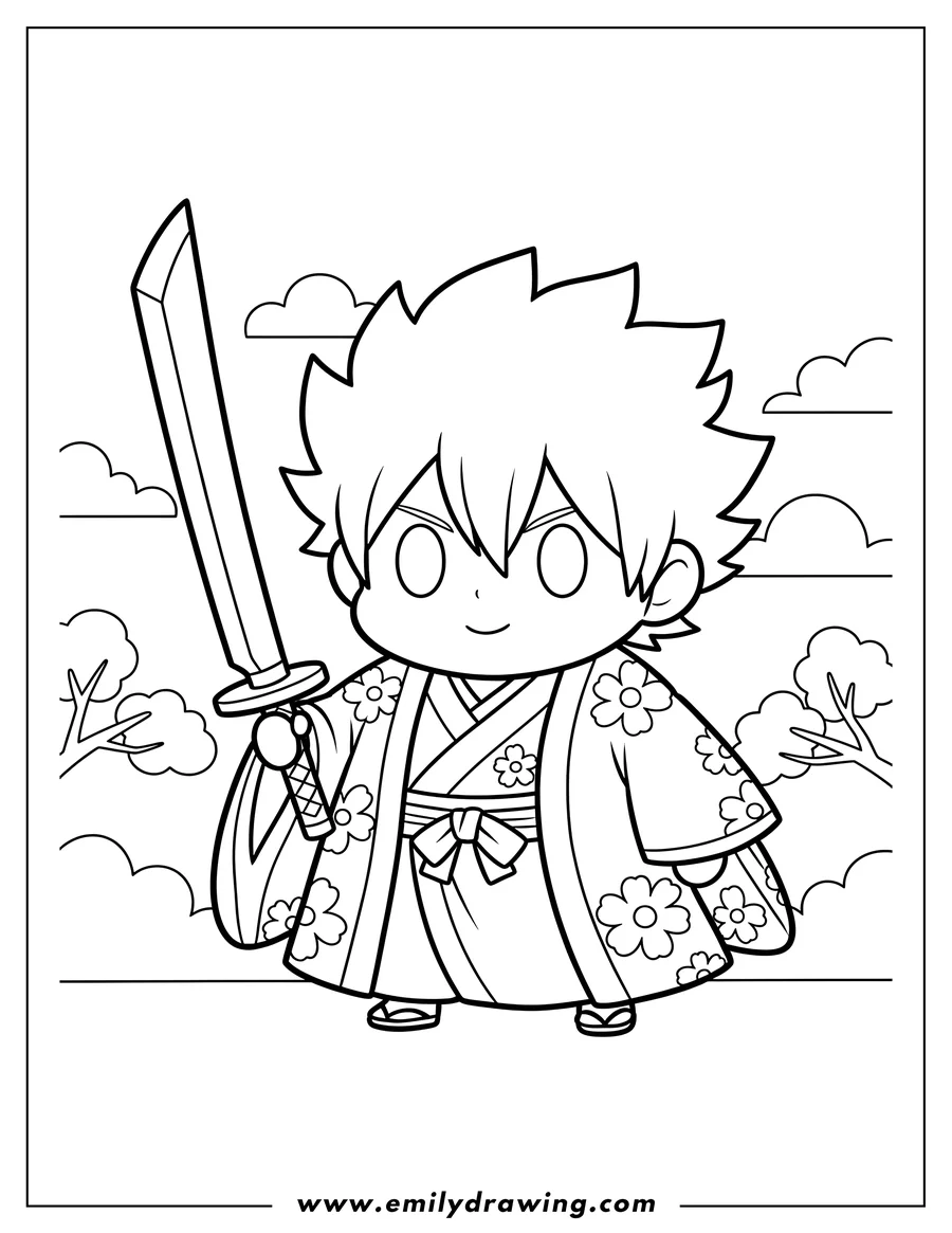 Clean line drawing: chibi Ichigo from Bleach, wearing a kimono and holding a sword, for preschoolers