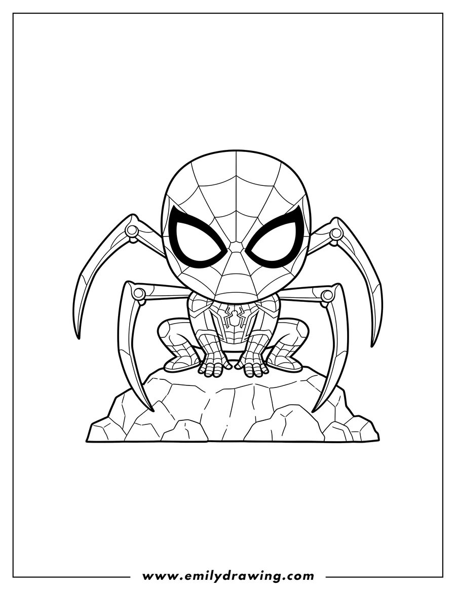 Full page coloring image of chibi Iron Spider Man On Top Rock, crouching with extended mechanical spider legs